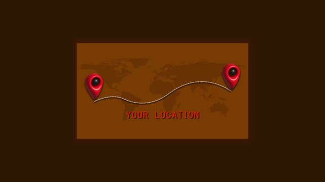 World map highlights location pins linked by a dashed route line over grid. Global logistics travel decks apply world map layout. World map route vectors expand neatly.