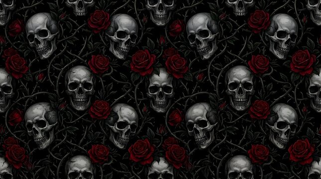 Seamless pattern with human skulls and red roses on a dark background