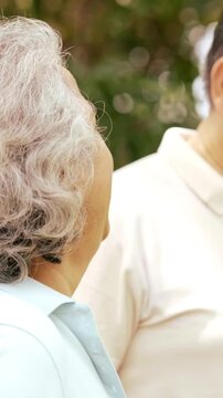 Indian Asian mid age couple in their fifties walking in the park, smiling and pointing, enjoying a pleasant conversation on a sunny day outdoors