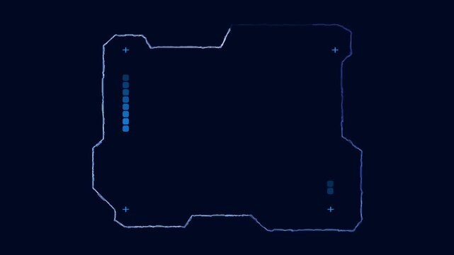 Futuristic digital interface frame projects blue indicator lights on dark. Technical software marketing slides insert interface frame. Digital interface frame glows brightly.