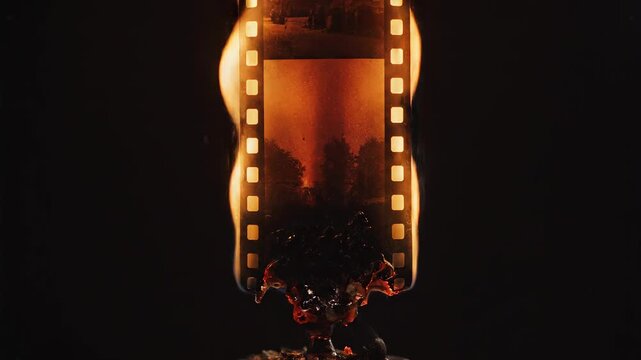 Film reel melting in flames against a dark background symbolizing decay and loss of memory