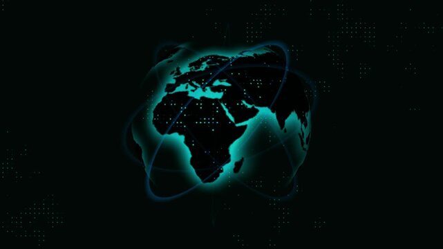 Abstract digital globe rotates orbiting rings alongside glowing network lines. Global technology presentation slides use digital globe. Abstract digital globe spins very fast.
