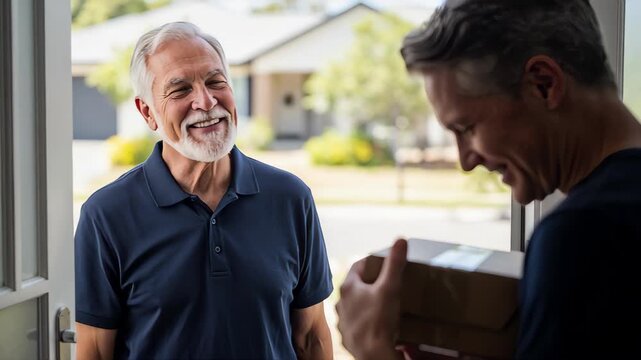 Elderly delivery worker handing a package to a customer at the front door. Friendly senior courier delivering a cardboard box to a residential home