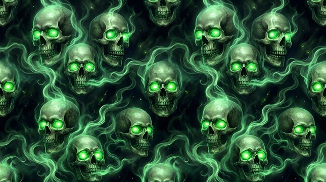 Seamless pattern with human skulls and glowing green smoke on a dark background