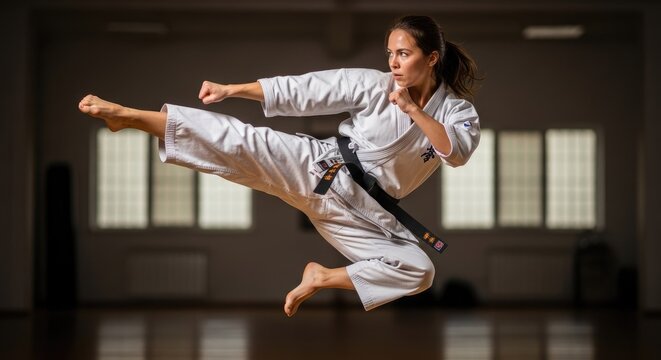 Female karate athlete performing a mid air jump kick.
