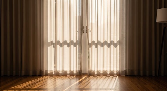 Sunlight filtering through sheer white curtains in a room.