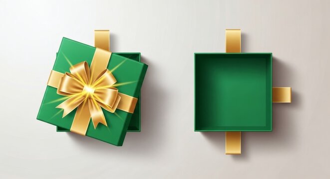 Elegant Green Gift Boxes with Golden Bows, Featuring One Closed and One Open Box for Holiday Packaging
