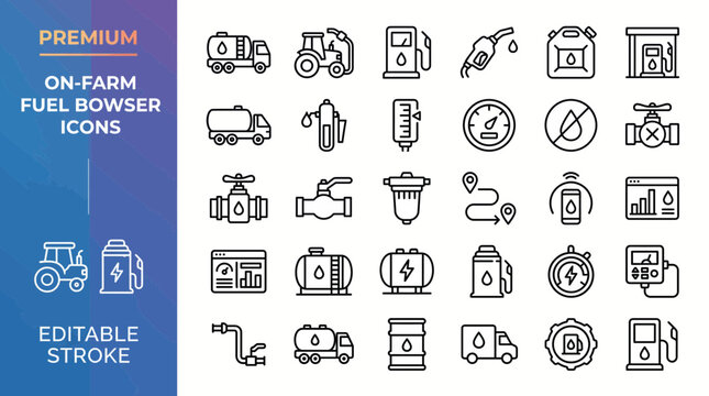 On-farm fuel bowser icons set, professional agriculture diesel storage and refueling station vector symbols, industrial farm fuel management line icons for logistics and machinery maintenance