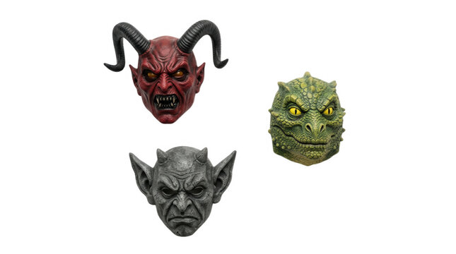 Three eerie halloween masks featuring a devil a goblin and a dragon perfect for spooky celebrations and costume parties
