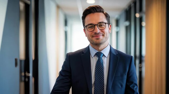 Smiling businessman in a suit waving at the camera in a modern office hallway. Friendly corporate employee giving a welcoming hand gesture. Professional business greeting concept