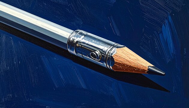 Sharp wooden pencil with metal ferrule on dark background.