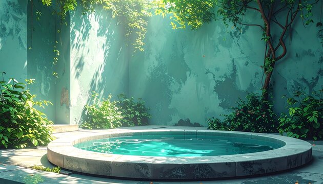 Tranquil outdoor hot tub surrounded by lush greenery and sunlight.