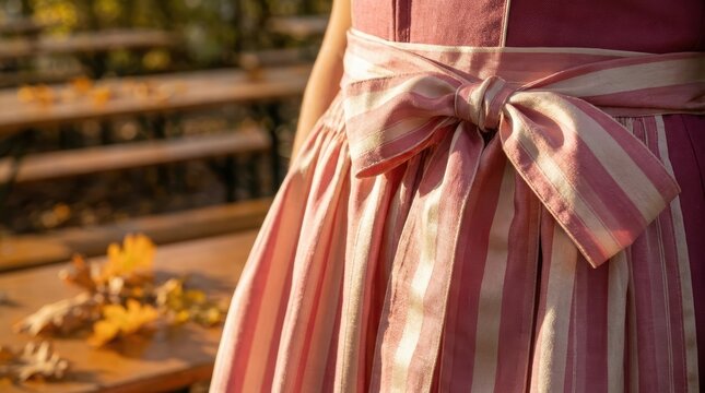 Close up of a traditional pink dirndl dress with tied bow apron.