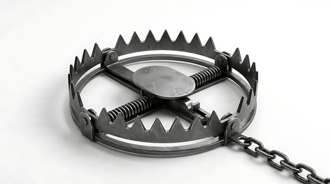 Metal bear trap with sharp teeth and chain on white background for hunting concept