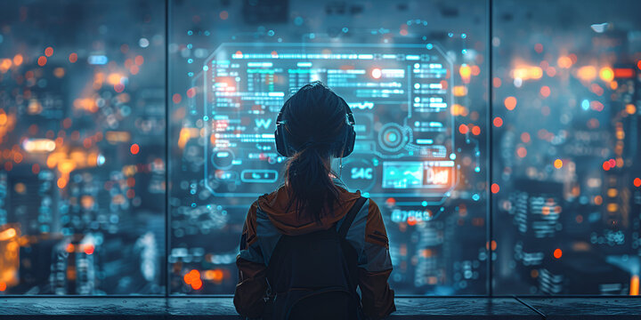  Woman Wearing Headphones Looking at Digital City Interface Screen, Rear View of Person Analyzing Smart City Technology Display, Female Silhouette Viewing Futuristic Urban Data Visualization