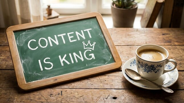 Chalkboard with Content Is King text and coffee cup on a rustic wooden table