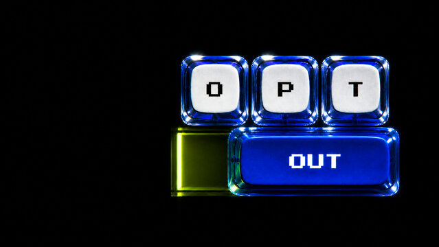 Crystal mechanical keycaps spelling opt-out on black background with copy space for data privacy concept
