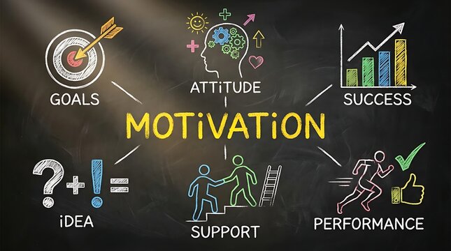 Motivation and business success concept illustrated with colorful chalk icons on blackboard