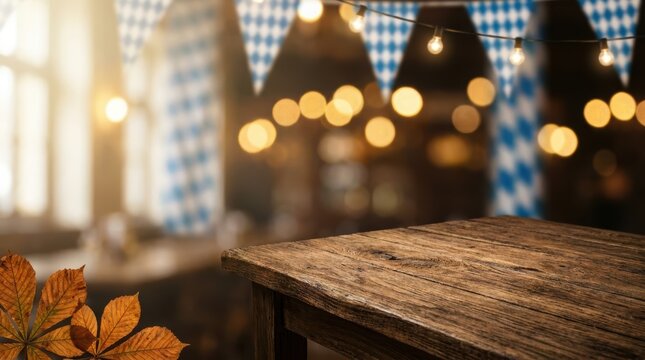Empty rustic wooden table with blurred Oktoberfest background and autumn leaves.