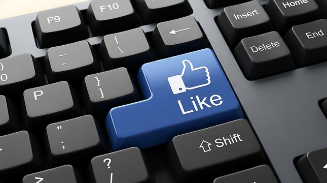 Blue Like button on a computer keyboard for social media engagement and digital interaction.