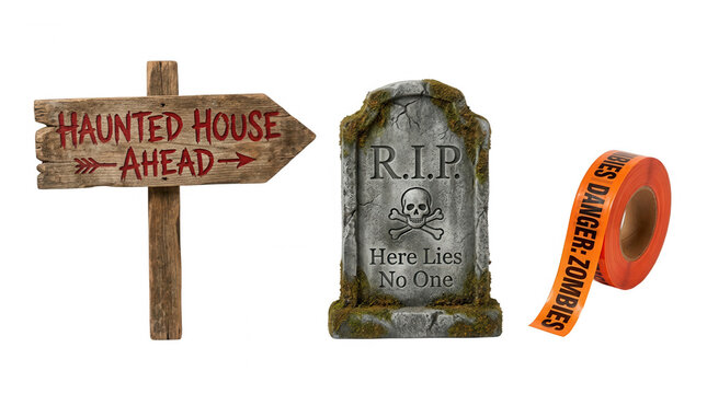 Spooky halloween decorations featuring a haunted house sign tombstone and zombie warning tape for festive celebrations