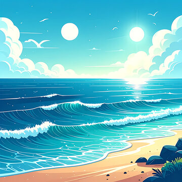 Pixel art ocean beach scene with waves and two suns in a cloudy sky, calming and serene