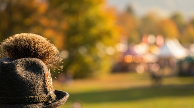 Traditional Bavarian hat with gamsbart at an autumn festival bokeh background octoberfest.