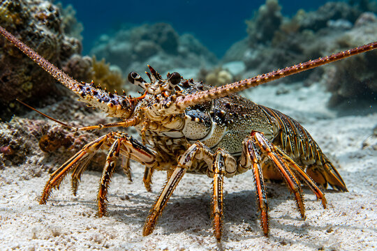 Spiny lobster walking on sandy ocean floor underwater view