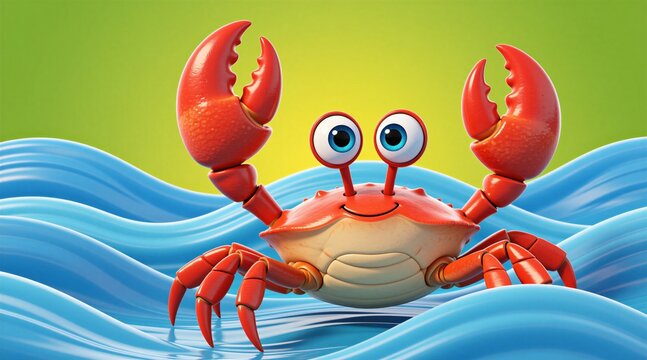 Smiling cartoon crab waves pincers in blue ocean waves. This happy sea creature with big eyes is ready for fun. Great for kids content and summer themes. Vibrant colors make it pop.