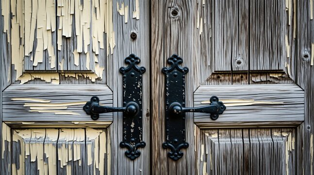 Old weathered wooden double doors feature peeling yellow paint. Antique black iron handles mounted on textured timber panels. Closed vintage entrance shows signs of decay. Building exterior displays