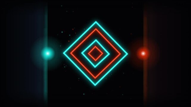 Neon glowing diamonds oscillating in dark space with cyan and red light orbs.