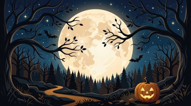 A spooky halloween night scene featuring a glowing jack o lantern in a dark forest under a giant full moon