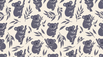 Fototapeta premium Cute koala seamless pattern with eucalyptus leaves, hand drawn australian animal vector background, purple and cream nursery wallpaper design, botanical koala bear textile print