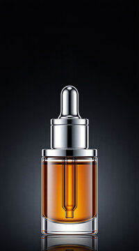 Glass bottle with amber liquid and chrome dropper. Skincare serum product for beauty and wellness. Elegant packaging for luxury cosmetic hydration treatment.