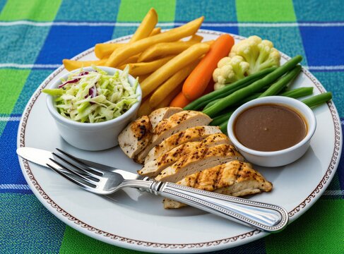 Sliced grilled chicken breast with french fries coleslaw and vegetables on white plate. Savory meal with sauce and cutlery is ready to eat. Delicious healthy lunch or dinner.