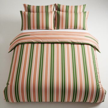 Striped bed linens in peach green and white colors. Includes duvet cover and pillowcases laid on white background. Soft textile for comfortable bedroom.