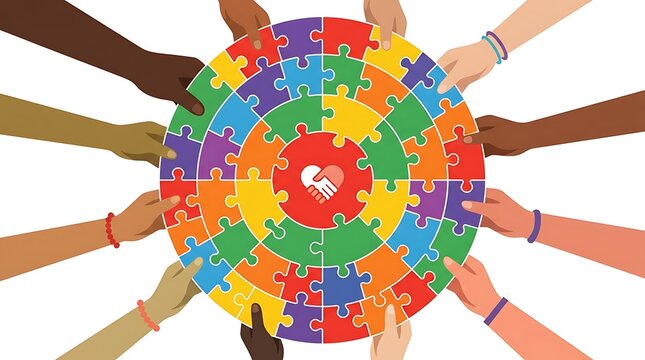 Diverse hands assembling a colorful circular jigsaw puzzle representing unity and teamwork.