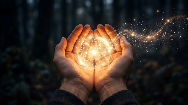 Human hands cupping a glowing magical energy orb with sparkling light particles in darkness