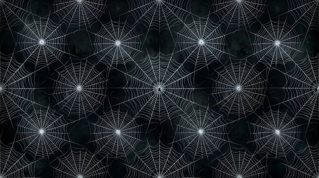 Seamless pattern of spider webs on a dark black background