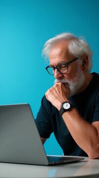 Elderly man focused on laptop against blue background.