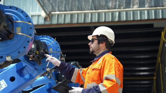 Industrial engineer inspecting a robotic arm machine in an automated manufacturing factory, robotics, automation, smart manufacturing, machine maintenance, quality control and Industry 4.0 technology.
