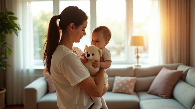 Woman holding baby indoors in cozy living room, highlighting family bond and love with bright natural lighting, plush toy adding warmth..