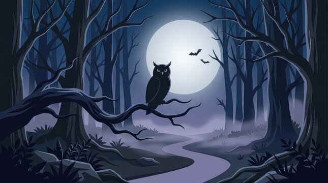 A spooky halloween illustration featuring a mysterious owl perched on a tree branch under a bright full moon night