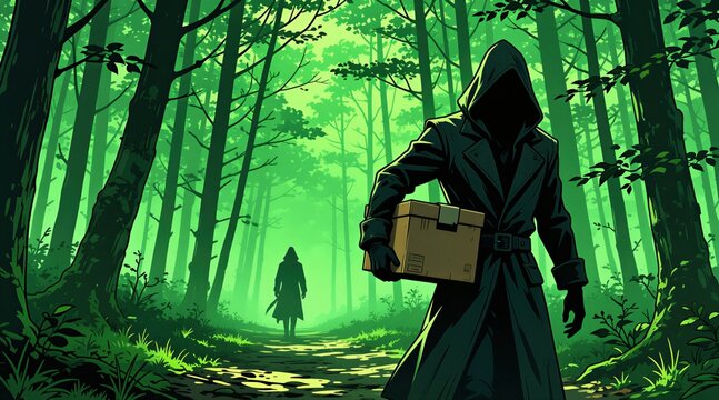 Mysterious hooded person carries package along forest path. Another figure in distance walks. Dark eerie woods, green light atmosphere. Secretive meeting or handover in foggy nature.