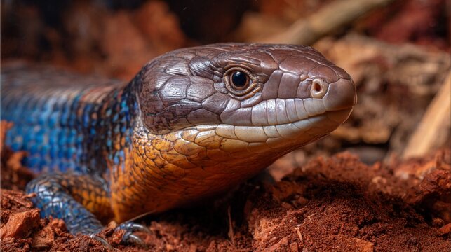Close-up of a vibrant blue and orange lizard with intricate scaled skin, resting on rich reddish-brown earth, showcasing nature's detailed reptilian beauty.