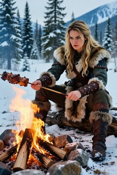 Young woman warrior sits by campfire roasting meat. She wears fur trim clothes. Cold winter mountain forest scene. Blonde hair woman has serious face expression. Nature, survival, fantasy concept.