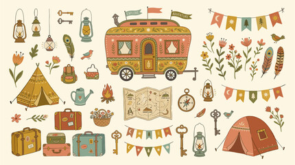 Naklejka premium Vintage camping elements with caravan, tents, and travel accessories