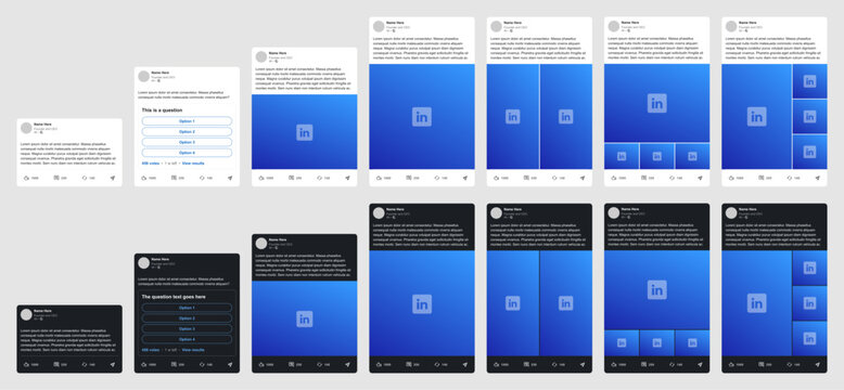 Simplified LinkedIn post template, new UI update in different sizes and modes, text, poll, and image variants.