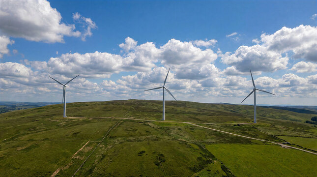Wind Turbines on Rugged Green Highland Landscape