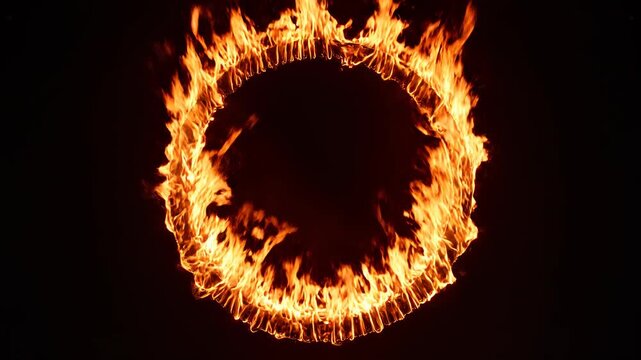 Fiery ring of flames in cinematic motion against a dark background for visual effects